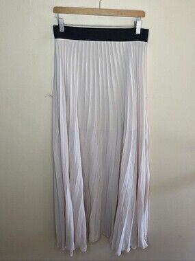 Arden B Cream Pleated Maxi Skirt Black Pull-On Waistband Size Small